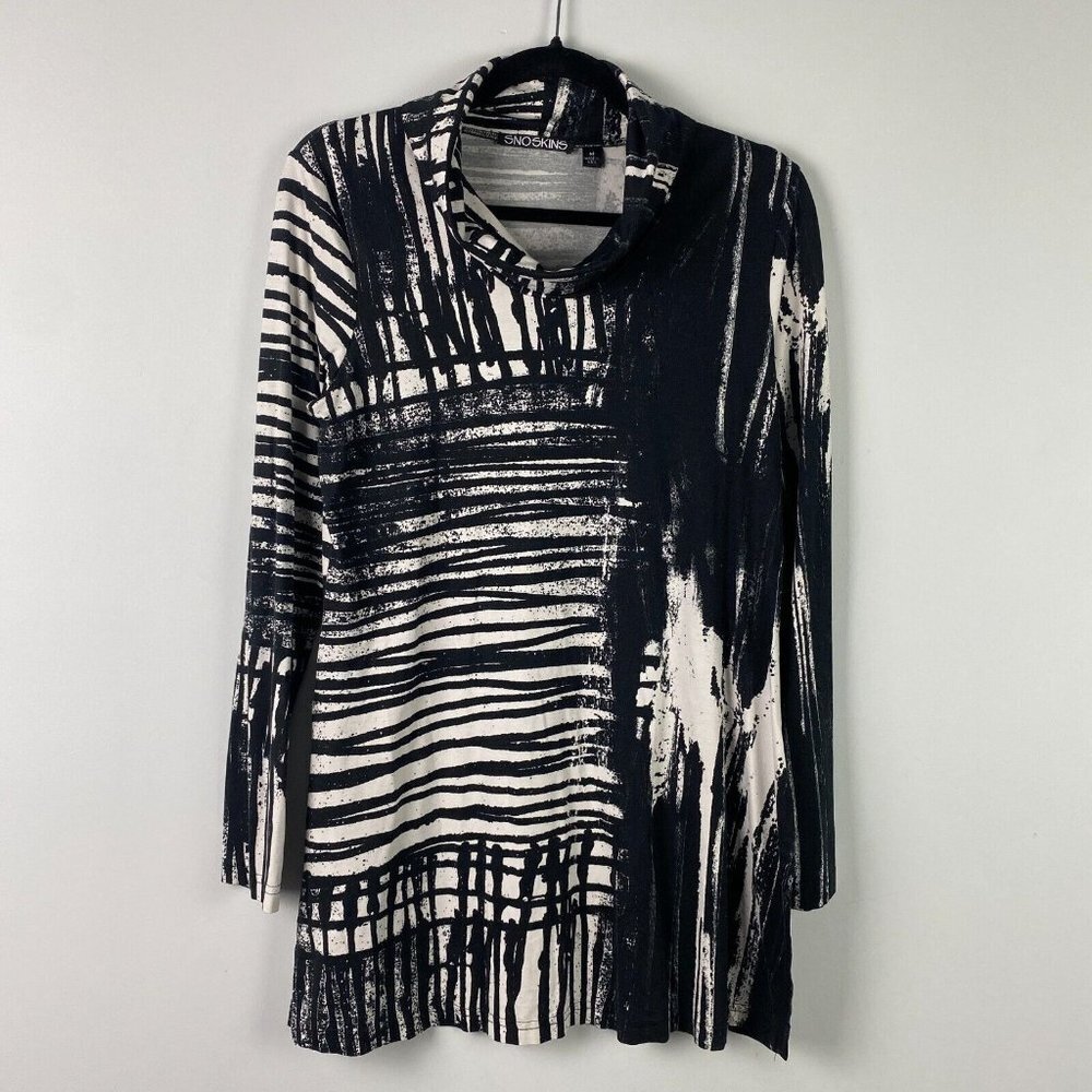 Snoskins Top Womens M Cowl Neck Tunic Side Slits Size Medium Black White